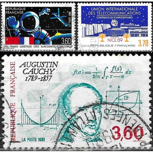 France 1989, Beaux Timbres Oblitérés Yvert 2571 Vol Spatial Franco-Soviétique, 2589 Conférence De L'U.I.T. Et 2610 Bicentenaire De La Naissance D'Augustin Cauchy, Mathématicien.