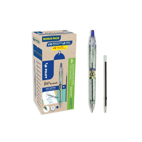 Pilot Pack Begreen B2p Ecoball 10 Stylos-Bille Pointe Moyenne + 10 Recharges Bleu