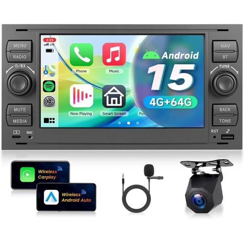 Vechtel 4g+64g Autoradio Android 15 Pour Ford Focus Fiesta C/S-Max Transit Galaxy Mondeo Connect, 7'' Écran Tactile Avec Carplay Android Auto Sans Fil Gps Wi-Fi Usb Type-C Bluetooth Fm Rds Caméra