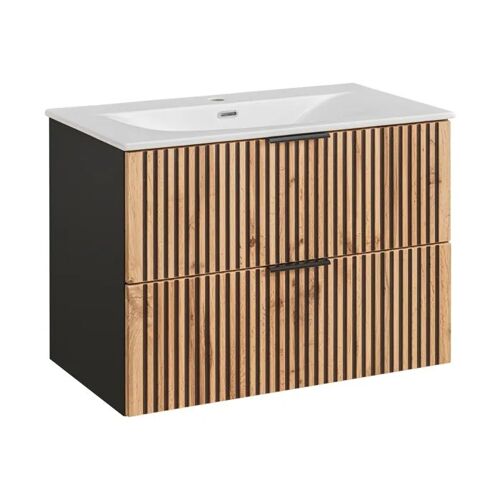 Meuble Suspendu sous Vasque TILO SET6 2 Tiroirs Noir Chêne 46 x 80 x 60 cm