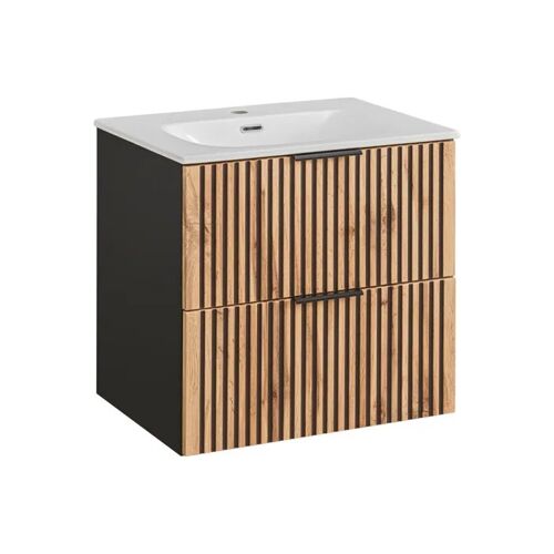 Meuble Suspendu sous Vasque TILO SET5 2 Tiroirs Noir Chêne 46 x 60 x 60 cm