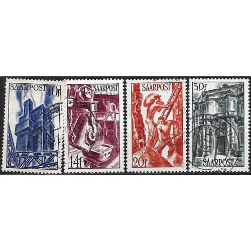 Allemagne, Land De Sarre Sous Adm. Française 1948, Beaux Timbres Oblitérés Yvert 240 Industrie Sidérurgique, 241 Aciérie, 242 Ouvriers Métallurgistes Et 243 Portail De L'Abbaye De Mettlach.