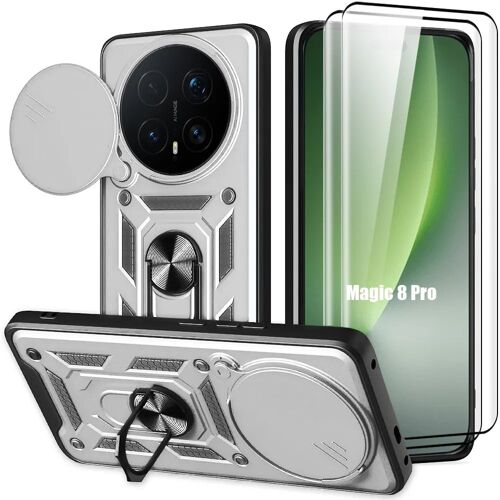 Coque + 2 Verres Trempés pour Honor Magic 8 Pro, avec Anneau et Protection Objectif - Argenté - E.F.Connection