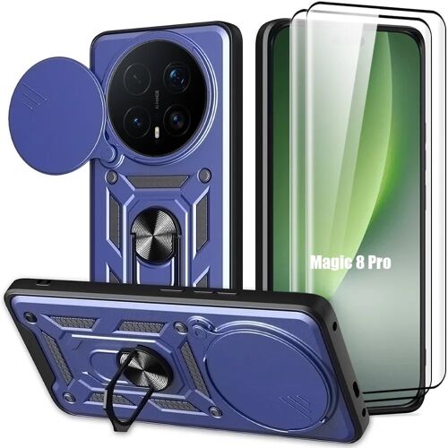 Coque + 2 Verres Trempés pour Honor Magic 8 Pro, Rigide avec Anneau et Cache Caméra - Bleu Foncé - E.F.Connection