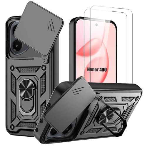 Coque + 2 Verres Trempés pour Honor 400, avec Anneau et Protection Caméra Coulissante - Noir - E.F.Connection