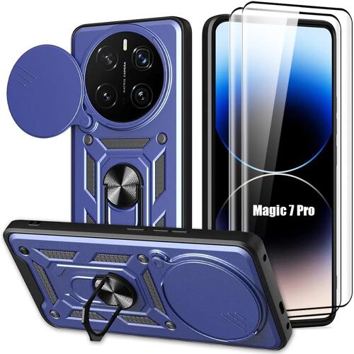 Coque + 2 Verres Trempés pour Honor Magic 7 Pro, Antichoc avec Anneau et Protection Objectif - Bleu Marine - E.F.Connection