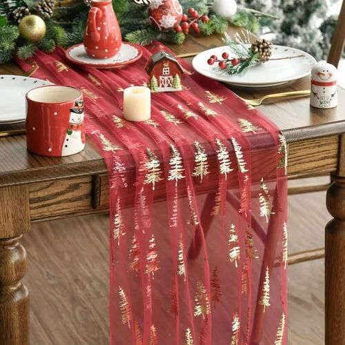 Chemin De Table De Fête 70 X 300 Cm En Tulle Polyester Rouge Motif Dahlias Doré Impression Métallisée Pour Salle À Manger