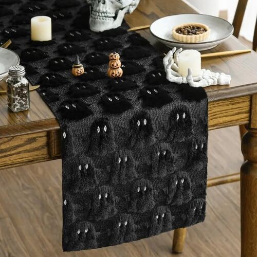 Chemin De Table Halloween Noir En Peluche Motif Petit Esprit 33 X 183 Cm Polyester Pour Table À Manger 2-4 Personnes Protection
