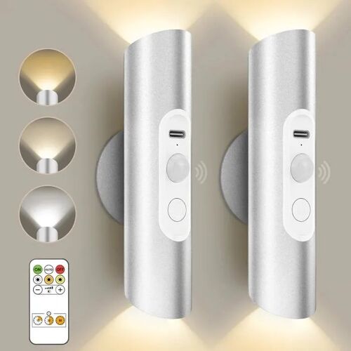 Lacasa Applique Murale Led Sans Fil Argent, Détecteur Mouvement & Télécommande, 3 Modes, Rechargeable, Éclairage Intérieur, 2 Pcs.