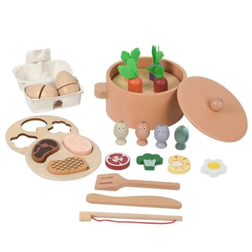 Set de Cuisine en Bois GINGER HOME Montessori ¿ Casserole avec Aliments, Jeu de Pêche Magnétique et Trieur de Formes ¿ 27 Pièces