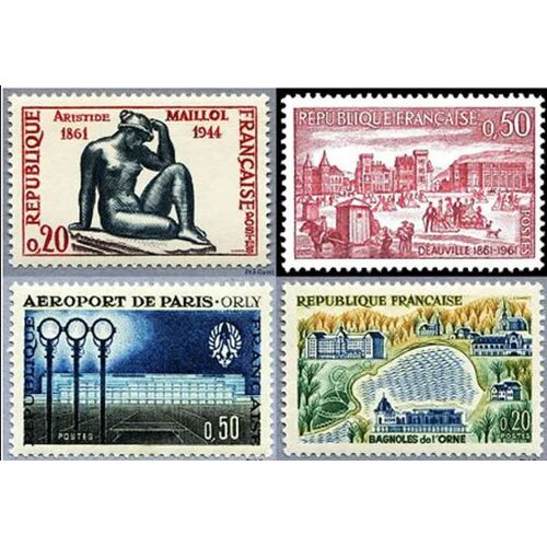 France 1961, Très Beaux Timbres Neufs** Luxe Yvert 1281, La Méditerranée Par Aristide Maillol, 1283 Aéroport De Paris, 1293 Bagnoles De L'orne, 1294 Deauville.