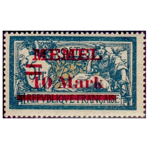 Lituanie, Enclave De Memel Sous Adm. Française 1920 / 21, Beau Timbre Neuf**/* Yvert 36, Type Merson 5f. Bleu Foncé Et Chamois, Surchargé "Memel 10 Mark".