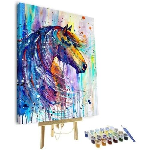 Ensemble Peinture Par Numéros Cheval Coloré Acrylique Avec Cadre En Bois 40x50 Cm Toile Texturée Imperméable Résistante À