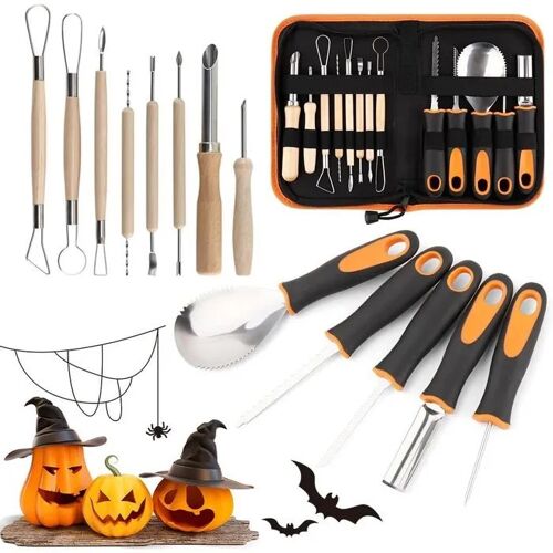 Kit Professionnel Pour Découper Et Sculpter Les Courges 13 Pièces Acier Inoxydable Poignées Ergonomiques Étui Cuir Refermable