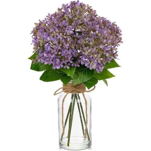 Fleurs artificielles hortensias violets 25 cm dans vase en verre transparent imitation eau jute déco réaliste pour table salon