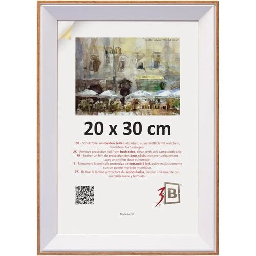 Cadre photo en bois 3-B Master 20x30 cm à suspendre vertical ou horizontal, blanc laqué brillant et chêne, baguette 27 mm, verre
