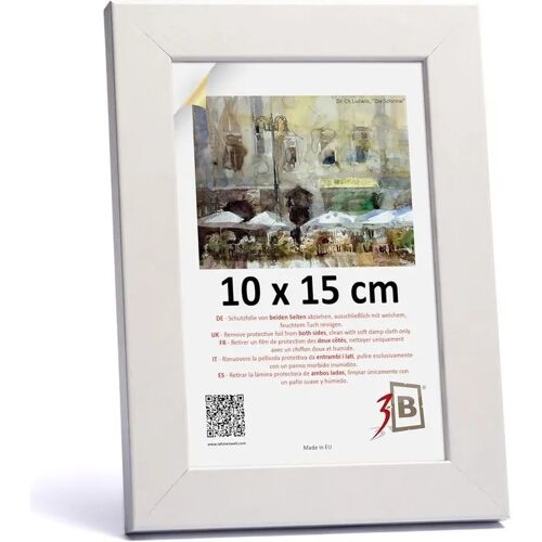 Cadre photo 3-B en bois MDF 10 x 15 cm blanc, vitre en verre acrylique résistant, profil 20 x 16 mm, montage mural