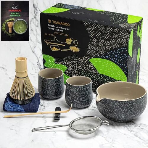 Set Matcha Traditionnel Teanagoo 7 Pièces Pour Cérémonie Japonaise Du Thé, Céramique Gris Charcoal, Bol 18 Oz 532 Ml, Fouet