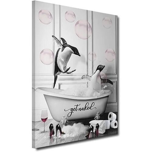 Tableau mural salle de bain Pingouins dans la baignoire, impression giclée sur toile 40x60 cm, noir et blanc avec bulles roses