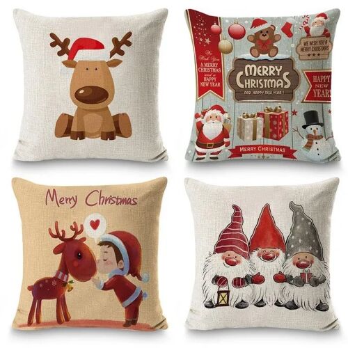 Lot De 4 Housses De Coussin Décoratives De Noël Tissu Lavable Fermeture Éclair 45x45 Cm Motifs Festifs Pour Salon Chambre Canapé