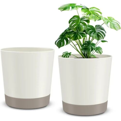Lot De 2 Cache-Pots En Plastique Gris Pierre Et Blanc 20 Cm Avec Drainage Intégré Et Soucoupes Pour Plantes D¿Intérieur
