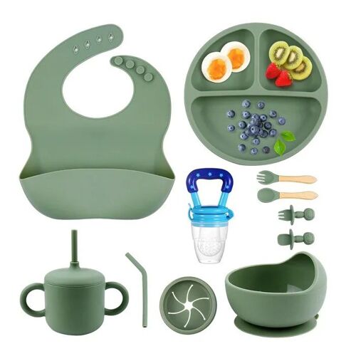 Ensemble D¿Alimentation Bébé En Silicone Antidérapant, Sans Bpa, Vert : Assiette À Compartiments, Petit Bol À Ventouse, Bavoir, 2