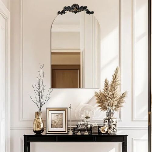 Miroir mural cintré brun bois sculpté style baroque HD 60 x 120 cm cadre décoratif pour salon chambre couloir salle de bain verre