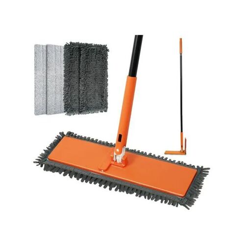 Mop plat Universelle pivotant à 90° 132 cm avec 4 chiffons chenille microfibre orange pour parquets bois carrelage marbre
