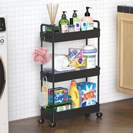 Chariot de cuisine mobile étroit 3 niveaux sans marque 13x40x61 cm noir, plastique acier inox, 4 roues avec blocage, poignée