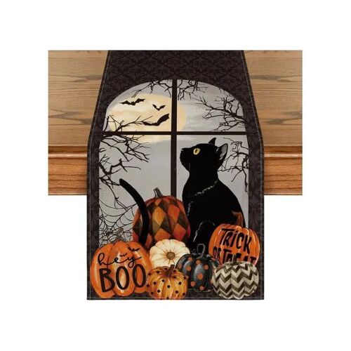 Chemin De Table Décoratif Halloween Chats Noirs Citrouilles 40 X 140 Cm Polyester Lavable En Machine Pour Table 2 À 4 Personnes