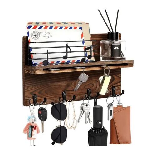 Portemanteau mural en bois pour clés avec étagère et 4 crochets doubles, organisateur entrée/bureau/chambre, brun, design notes