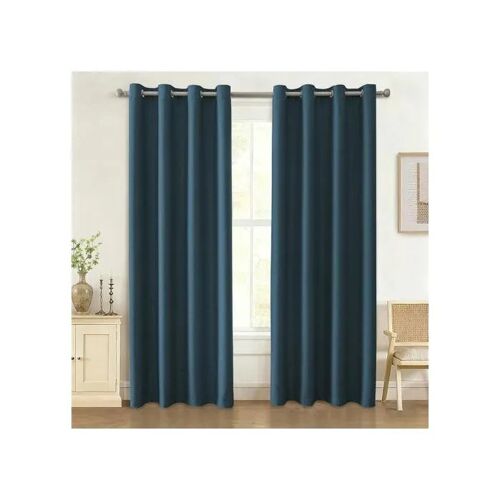 Rideaux Occultants Thermiques Effet Lin 2 Panneaux Bleu Marine 117x137 Cm Polyester Tissage Lin Pose 8 ?Illets Métalliques Par