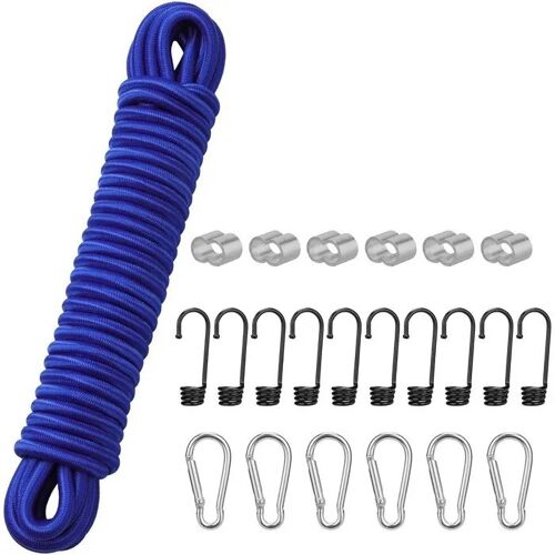 Ligne élastique expander 8 mm 10 m avec crochets et mousquetons, noyau latex, tressage polyester, UV et intempéries, kit fixation