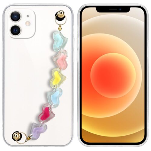 Cadorabo Housse compatible avec Apple iPhone 12 en Transparent avec des coeurs colorés - Étui de protection en silicone TPU flexible avec chaîne de poignet