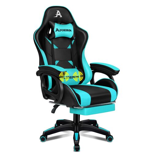 ALFORDSON Chaise de Gamer de Massage, Chaise de Bureau pour Ordinateur avec Repose-Pieds, Chaise de Massage 2 Points, Cuir PU, Cyan