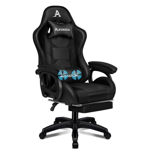 ALFORDSON Chaise de Gamer de Massage, Chaise de Bureau pour Ordinateur avec Repose-Pieds, Chaise de Massage 2 Points, Cuir PU, Noir
