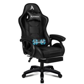 ALFORDSON Chaise de Gamer de Massage, Chaise de Bureau pour Ordinateur avec Repose-Pieds, Chaise de Massage 2 Points, Cuir PU, Noir