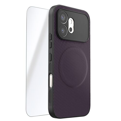 Coque MagSafe pour Honor 600 Effet Carbone et 2 Verres Trempés d'Écran Violet