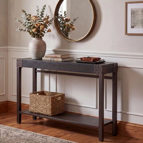 Table console HWC-Q68, table de téléphone, table d'appoint, style industriel rétro en bois 82 x 120 x 31 cm   métal noir et cuivré
