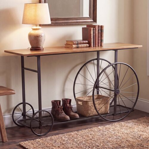 Table D'appoint Hwc-Q67, Table De Téléphone, Pneu Industriel Rétro En Bois 81 X 150 X 40 Cm   Métal Marron Et Noir