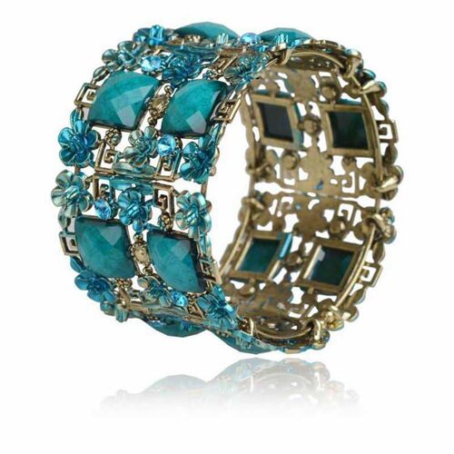 Bracelet Large, Pierres Synthétiques Turquoise Et Fleurs Colorées Sur Métal Doré