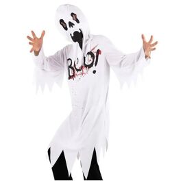 Déguisement De Fantôme Enfant 6-8 Ans (Env. 116 À 128 Cm) Blanc Neige, Costume Halloween Poncho/Robe À Capuche, Découpes Pour Les
