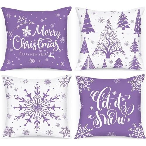Lot 4 Housses De Coussin De Noël Housses Décoratives 40x40 Cm Violet Flocons De Neige Fermeture Éclair Cachée Pour Canapé Lit