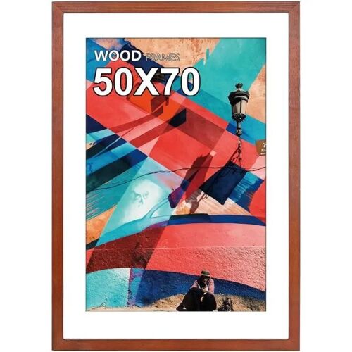 Cadre photo en bois massif marron pour affiche 50x70 cm, vitre acrylique HD plexiglas, passe-partout 40x60, orientation verticale