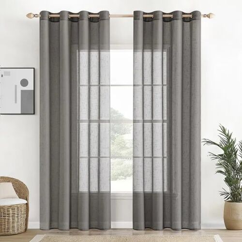 Rideaux En Voile Gris Motif Rétro Lot De 2 Pièces 140 X 225 Cm ?illets Métalliques Diamètre 4 Cm Semi-Transparent Pour Salon