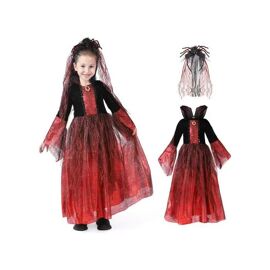 Déguisement Vampire Fille, Chaperon Sorcière, Costume Halloween 4-6 Ans, Robe Bordeaux Avec Col Et Choker À Lacets En Polyester