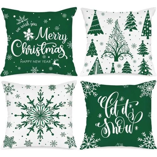 Housses De Coussin Noël Coton Lin Naturel Vert Flocons Lot 4 45x45 Cm Fermeture Éclair Invisible Décoratives Pour Canapé Lit