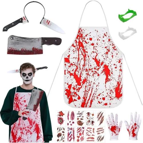 Déguisement Homme Halloween Sunshine Smile Boucher, Tabard Sanglant Gants, Bandeau Couteau, Couteau Artificiel, 10 Tatouages