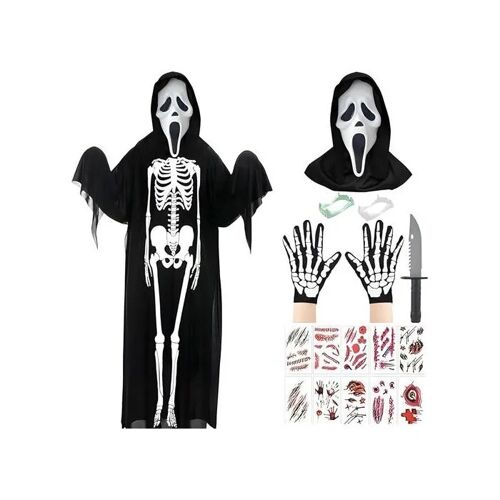 Costume Squelette Enfant Halloween Noir 90 Cm Avec Masque Gants Couteau Jouet Fausses Dents Autocollants Jeu De Rôle Cosplay À