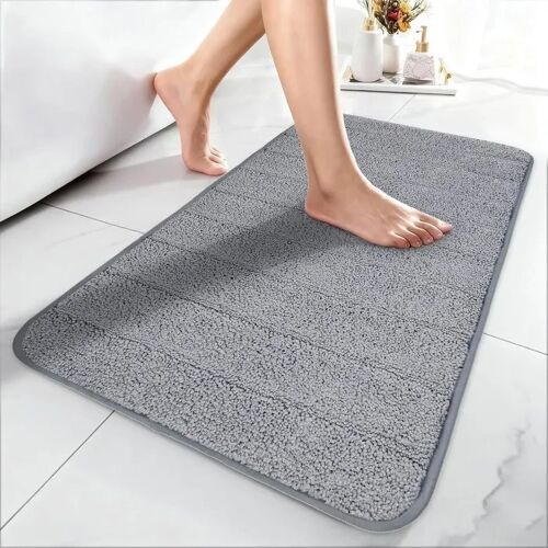 Tapis de bain antidérapant microfibre shaggy premium 44 x 76 cm gris motif géométrique dessous caoutchouc TPR lavable en machine